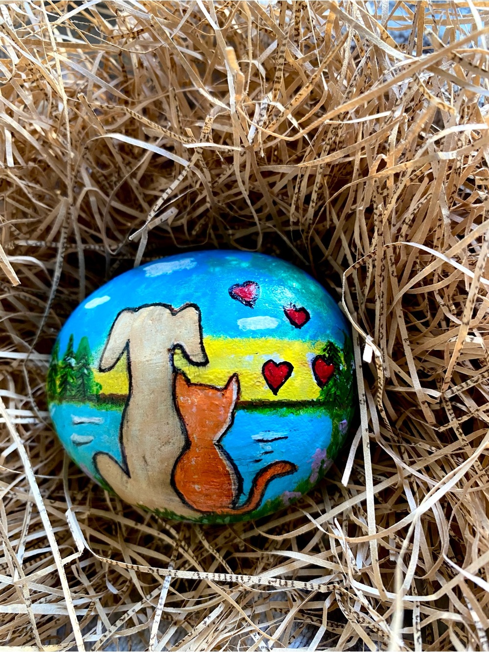 Hand-Painted Rock Art - Dog and Cat by Lake